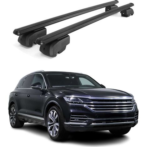 OMAC Aluminium Dachträger Querträger für VW Touareg III 2018-2024 Pre-FL – City Crash – ISO/PAS 11154:2006 – Abschließbar – Max. 75 kg – 2 Stangen Schwarz (1/5)