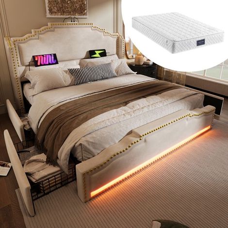 Lit rembourré 160x200 cm avec 4 tiroirs, LED & USB-C, sommier à lattes, velours beige — matelas inclus (1/5)