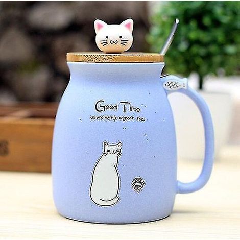 Mug en céramique de 450 ml avec couvercle et cuillère, motif chat, idéal pour le café, le lait ou le thé. (1/5)