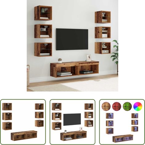 Wandmontage - TV-Schränk mit LED-Lichtleisten Wandmontiert 8 pcs Altholz Glas (1/5)