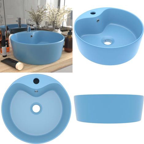 Lavabo de luxe avec trop-plein Bleu clair mat 36x13cm Céramique - Lavabo Rond - Lavabo Céramique - Lavabo Bleu - Lavabo Salle De Bain - Lavabo Moderne - Home & Living
