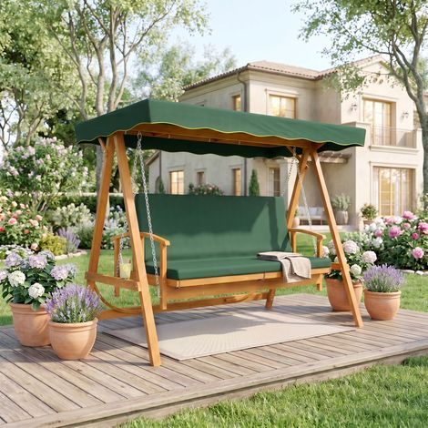 Hollywood-balançon avec toit, balancelle de jardin en vrai bois, banc à bascule avec fonction de couchage, pour 3 personnes, vert foncé (1/5)