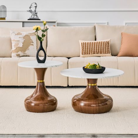 Set aus 2 runden Couchtischen Ø70/50 x H42/51,5 cm Weiß und Nussbaum, ineinander (1/5)