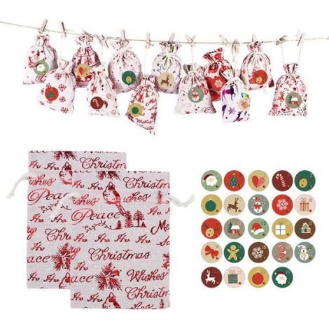 Sac Calendrier De Lavent 24 DIY Sachets en Jute - - Rouge - 24 sacs + 24 pinces en bois (1/4)