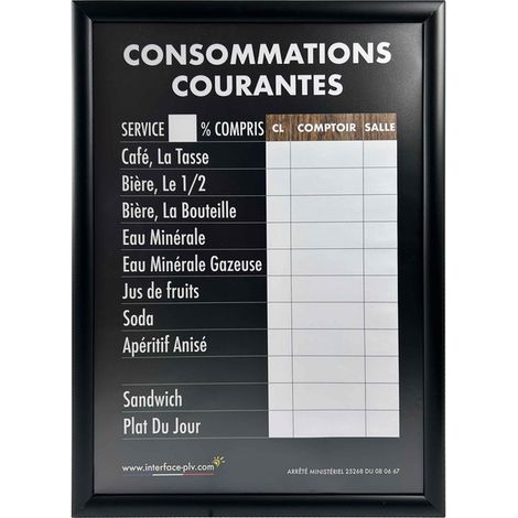 Cadre d'affichage noir avec adhésif "CONSOMMATIONS COURANTES" traditionnel dimensions 61 x 41 cm (1/4)