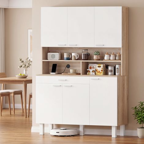 Buffet haut cuisine. armoire de cuisine. 6 portes. tiroir et étagères ouvertes. 120x40x175cm. blanc et bois naturel