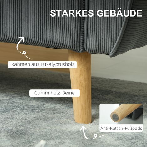 Canapé 2 places avec 2 coussins, sofa rembourré à assise extra profonde de 54 cm, canapé double en velours côtelé, petit divan sur cadre en bois pour salon chambre bureau, 145 x 75 x 78 cm, gris foncé (1/5)