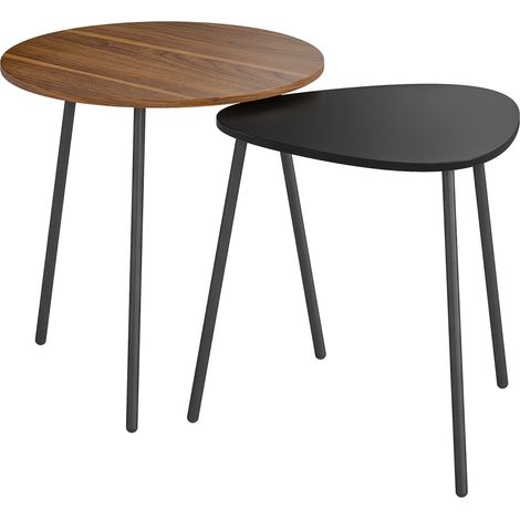 Lot de 2 tables basses gigognes, tables d'appoint design, cadre métallique, formes ronde et triangulaire, finition noyer et noir (1/5)