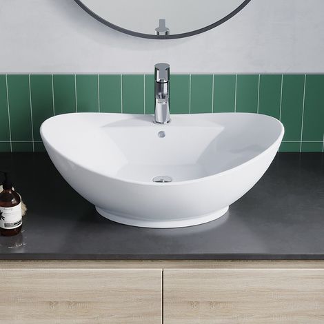 Waschbecken Keramik Weiß Aufsatzwaschbecken für das Badezimmer und Gäste-WC Handwaschbecken 21 - Oval - 59 x 38,5 x 21,5 cm