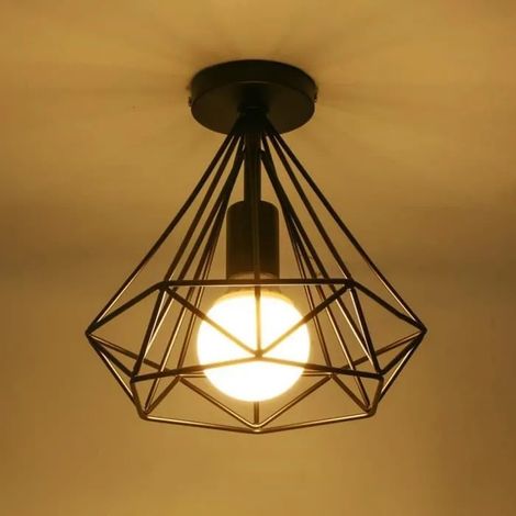 Luminaire plafonnier industriel forme diamant 25cm lustre abat-jour E27 pour Salon Cuisine Chambre Entrée, Noir (1/4)