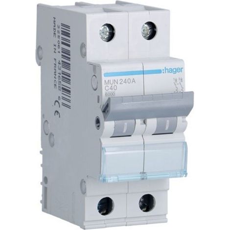 Hager – Disjoncteur bipolaire 40A – MUN240A – Courbe C 6kA – Tension 230/400V AC 50/60Hz – Dimensions 83x35x70mm – IP20