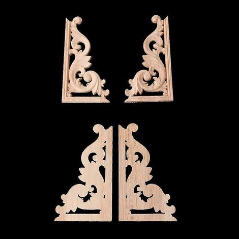 1 paire d'appliques décoratives d'angle en bois sculpté, non peintes. (1/4)