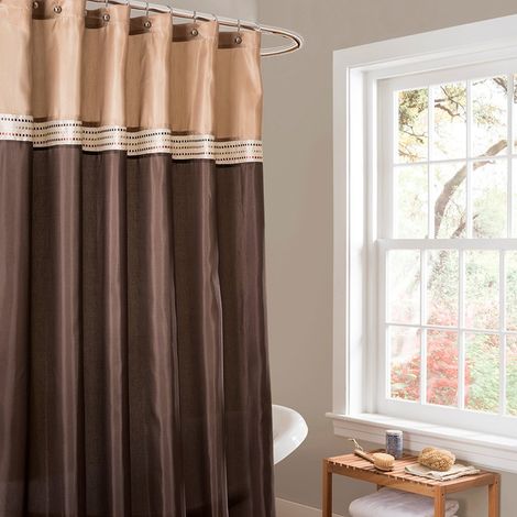 Rideau de Douche en Tissu rayé Neutre pour Salle de Bain, 183 cm de Large x 183 cm de Long, Marron et Beige (1/3)