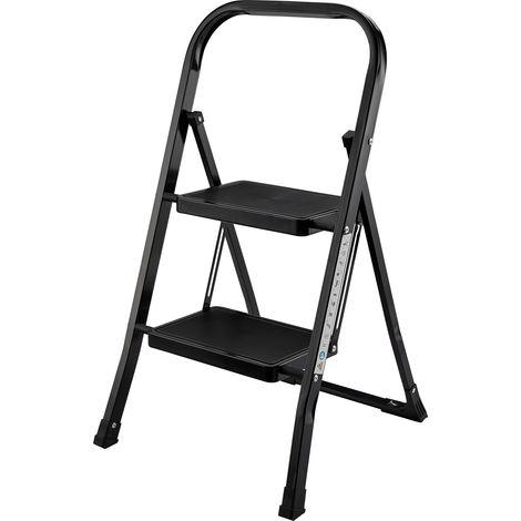 Wiltec Escalera plegable con asa y 2 peldaños, negra, de acero Q195, hasta 150 kg, taburete para hogar, garaje y taller (1/5)