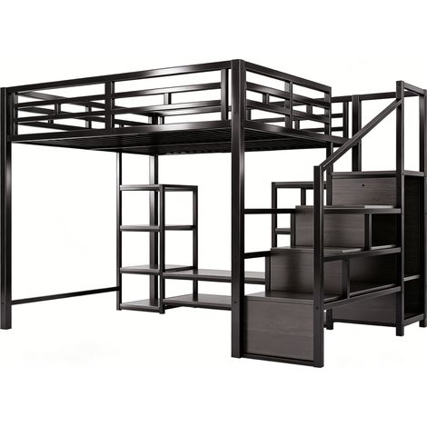 Hochbett 140x200 cm schwarz mit TV-Halterung, Steckdose und Stauraumtreppe aus Metall und MDF (1/5)