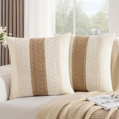 Housse Coussin 45x45 Bohème Marron Texturée à Rayures Tissées Decoratif Taie d'oreiller Ferme Moderne Housse de Coussin Canapé pour Maison Salon Chambre Décoration Lot de 2 (1/5)
