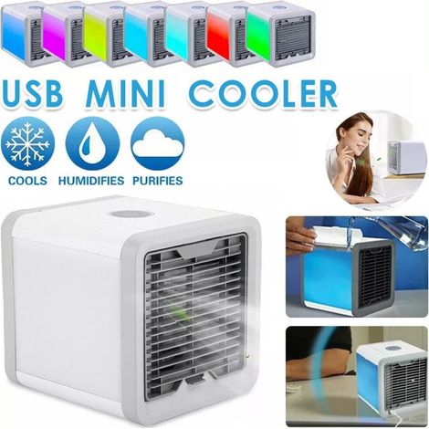 Mini tragbare Klimaanlage 3-in-1: Kühlen, Befeuchten, Luftreinigung mit 7‑farbigem LED‑Licht, USB