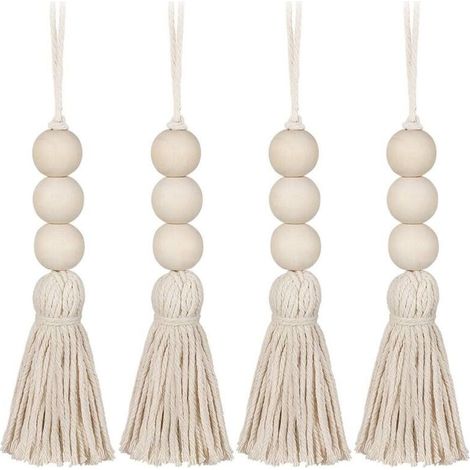 4Pcs Gland Perles en Bois Ferme Perles Glands Perles de Prière Naturelles Coton Ligne Décorative Tenture Murale Pompon Perle Pendentif pour Placard Armoire Porche NPTERBL (1/5)