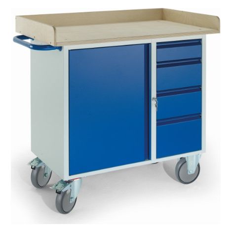 Rollcart Montagewagen mit Holzrand, 4 Schubladen und Stahlschrank