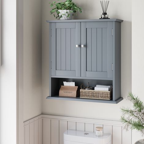 Meuble de salle de bains mural moderne en MDF gris clair 54,6 x 19,8 x 60 cm avec 2 portes et étagère réglable (1/5)