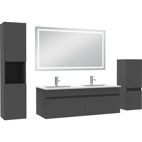 Océan Ensemble meuble salle de Bain 120cm avec colonne + miroir mural lumineux 3 couleurs Anthracite (1/5)