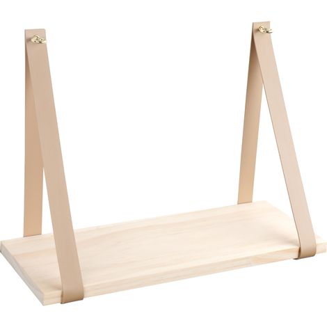 Support D'étagère - Cuir Beige Et Bois - Pour Décoration Murale Intérieure - Salon Chambre Bureau - 1 Pièce (1/5)