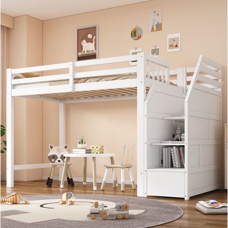Bett Hochbett Stauraum 90x200 Kiefer Weiß OKMYHOME (1/5)