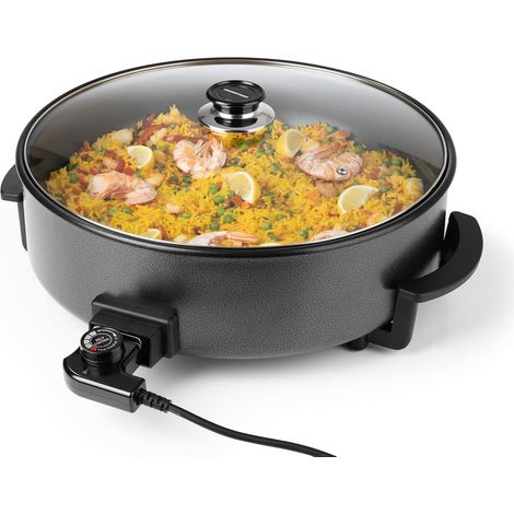 1 poêle électrique multifonction, diamètre 42 cm, thermostat réglable, couvercle en verre, revêtement antiadhésif, idéal jardin camping fête (1/5)