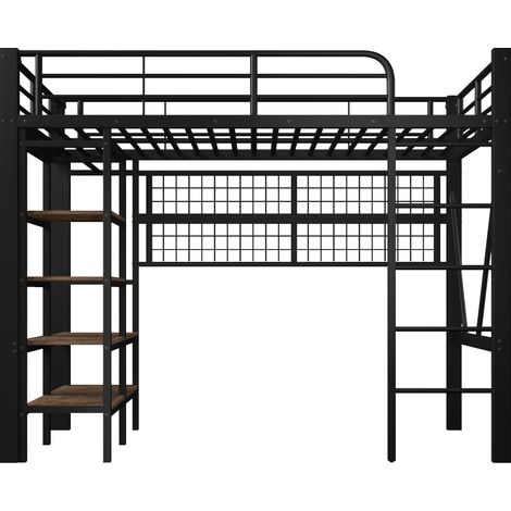 Lit mezzanine, 90 x 200 cm, cadre en fer, tablette de rangement, filet pour suspendre des objets, avec barre de penderie, espace ouvert sous le lit, avec bande lumineuse LED, sans matelas, noir