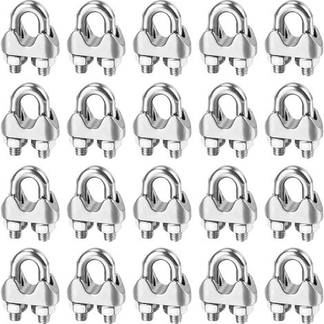 Serre Cable Acier M6 Serre-Câbles Métallique,U Boulon Clip de Câble Métalliques,20 Pièces Serre Cable Inox 6mm,Argent Serre-Câble Rotatif Fixation de Selle pour Clôtures de Jardin,Corde à Linge (1/5)