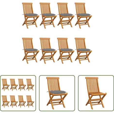 Teakholz - Gartenstühle mit Grauen Kissen 8 Stk. Massivholz Teak (1/5)