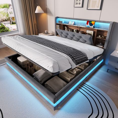 Bett mit Stauraum 140x200 cm Dunkelgrau aus Samt mit LED-Beleuchtung, USB-C und hydraulischem Bettkasten (1/5)
