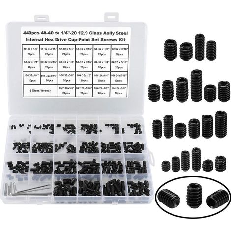 440 pezzi, 22 misure, da 4-40 a 1/4"-20 Kit assortimento di viti a brugola con testa esagonale standard SAE, set di viti a punta conica con esagono interno e 5 chiavi esagonali, acciaio legato nero di (1/5)