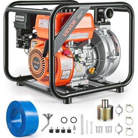 Pompe à Eau Thermique 50,8 mm Motopompe à Essence 29072 L/h pour Irrigation Piscines Étangs Transfert Eau Semi-Déchets, 6 ch, Portable, Moteur à Essence, Tuyau Refoulement 7,6 m, Turbine Fonte (1/5)
