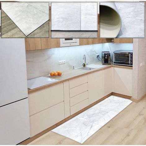 Tapis Vinyle Gris Anthracite Motif marbre veiné pour Cuisine, Salon, Bureau antidérapant avec détails dorés. (1/5)