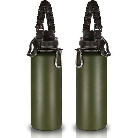 1200ml Gourde Inox avec Poignée en Paracorde 2 Paquets,1.2 litre Bouteille Isotherme Double Paroi Sans BPA,Bottle Réutilisable en Métal Étanche pour Sport,Adulte(Vert Armée,2 Set) (1/5)
