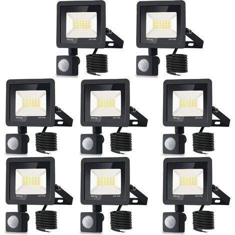 Lot de 8 spots LED avec détecteur de mouvement - 20 W - 2000 lm - Avec détecteur de mouvement - IP66 - Détecteur de mouvement - Blanc froid 3000 K - Spot extérieur - Projecteur LED