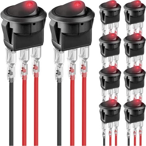 10pcs 12V 20A 3-Pin Wired Round Rocker Switch with LED Light, Power On/Off, SPST Illuminated Rocker Switch with 30pcs Locking Terminal Wires, Red LED
