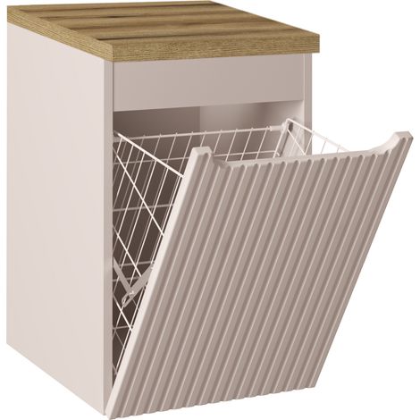 Meuble bas de salle de bain NOVA cachemire avec panier à linge et plan chêne 40 cm (1/3)