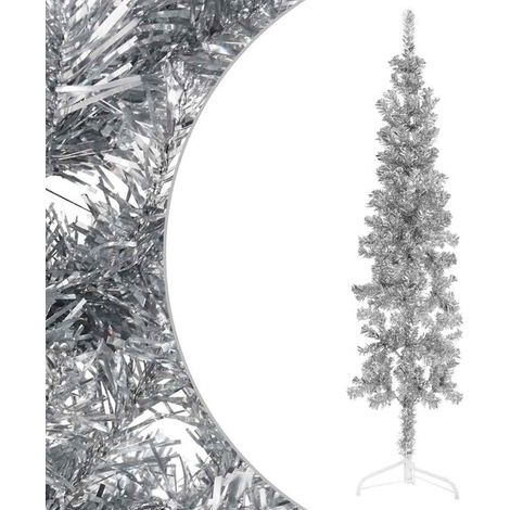 Demi Sapin de Noël Artificiel mince avec support Argenté 120 cm, Décoration de Noël (1/5)