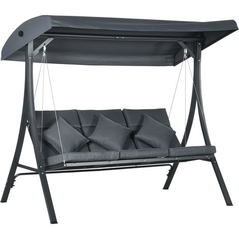 Outsunny columpio de jardín exterior de 3 plazas con techo ajustable cojines, almohadas y estructura de acero, carga 320 kg, 202x115x168 cm, gris