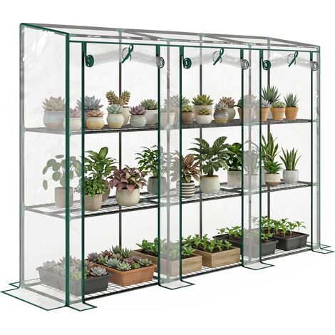 Serre de jardin avec étagères à 3 niveaux serre de balcon 3 portes enroulables zippées 215 x 46 x 151 cm transparent (1/5)