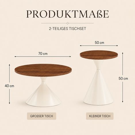 2er-Set Couchtisch & Beistelltisch rund, Ø70 x H40 cm + Ø50 x H50 cm, Tischplatten in warmer Walnussoptik, cremeweißer Carbonstahl-Fuß, für Wohnzimmer, Schlafzimmer, Lounge & Eingangsbereich (1/5)