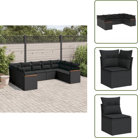The Living Store Salon de jardin 9 pcs avec coussins noir résine tressée - Ensemble Salon De Jardin - Mobilier De Jardin - Meubles Extérieur - Salon De Jardin Design - Chaise Longue (1/5)