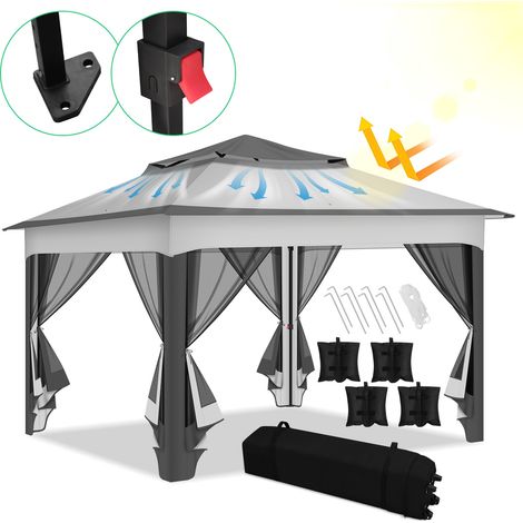 SWANEW Pavilion 3.3x3.3x2.7M, gazebo, tenda da giardino con 4 pannelli laterali in garza, protezione UV 50+, doppio tetto grigio (1/5)