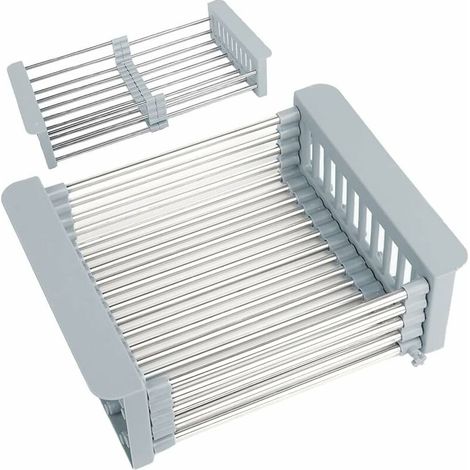 Ausziehbarer Spülbecken-Abtropfkorb, verstellbarer Geschirr-Abtropfkorb, verstellbarer Geschirr-Abtropfkorb aus Edelstahl, teleskopierbarer Geschirr-Abtropfkorb (30 x 22,5 x 9,5 cm) (1/5)