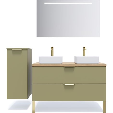 Meuble de salle de bain suspendu 2 vasques à poser 120cm 2 tiroirs Vert olive + miroir + colonne ouverture gauche - Venice (1/5)
