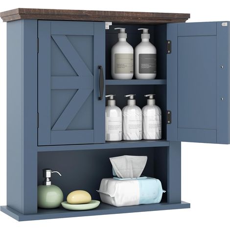 COSTWAY Mobile da Parete per Bagno, Mobiletto Bagno a Muro in Stile Rustico con Ripiano Regolabile e Scomparto Aperto, Armadietto per Soggiorno, Cucina e Ingresso, 55 x 19 x 60 cm (Blu) (1/5)