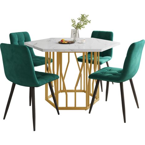 MEUBLIV Ensemble table et 4 chaises hexagonal vert et doré – finition marbre (1/5)