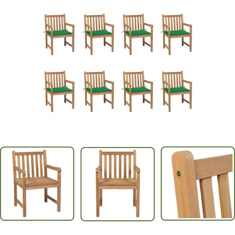 The Living Store Gartenstühle 8 Stk. mit Grünen Kissen Massivholz Teak - Gartenstühle - Teakholzmöbel - Outdoormöbel - Gartenmöbelset - Balkonmöbel (1/5)